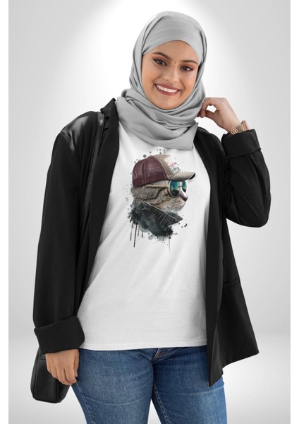 Pilot Çeketli Deri Şapkalı Cool Kedi Kadın Erkek Unisex Beyaz Organik Baskılı T-Shirt Penye Yüksek Kalite modelleri