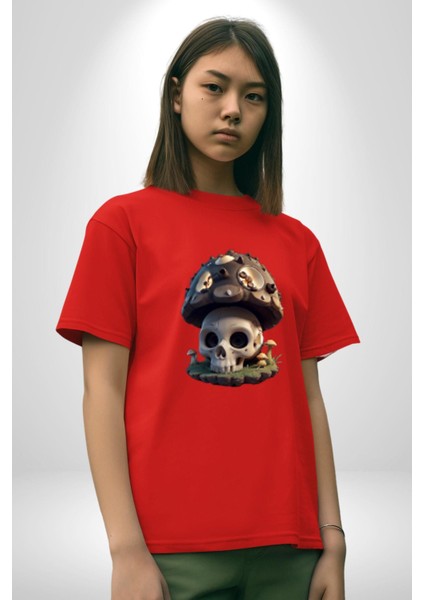Kurukafa Mantar Ev Pamuklu Bisiklet Yaka Kadın Erkek Oversize Boyfriend Dijital Baskılı Kırmızı T-Shirt fiyatları