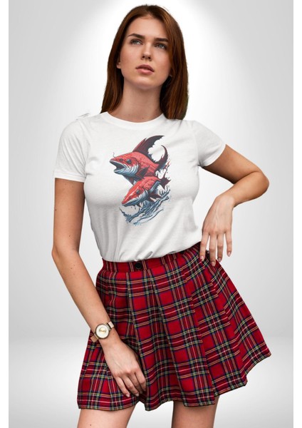 Kırmızı Japon Balığı Kadın Erkek Unisex Beyaz Organik Baskılı T-Shirt Penye Yüksek Kalite fırsatları