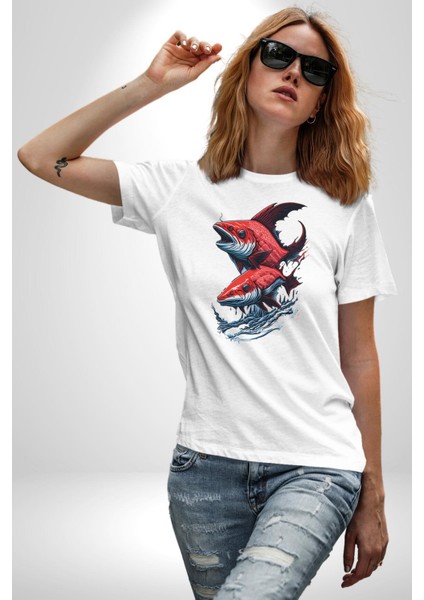 Kırmızı Japon Balığı Kadın Erkek Unisex Beyaz Organik Baskılı T-Shirt Penye Yüksek Kalite indirimleri