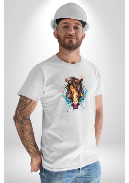 At Kafası Renkli Kadın Erkek Unisex Beyaz Organik Baskılı T-Shirt Penye Yüksek Kalite fiyatları