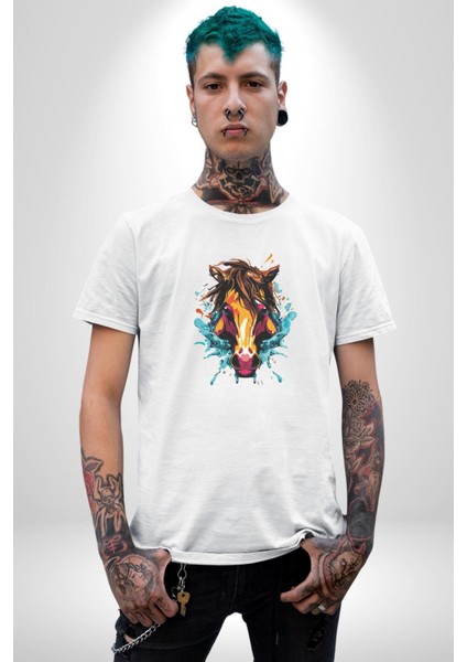 At Kafası Renkli Kadın Erkek Unisex Beyaz Organik Baskılı T-Shirt Penye Yüksek Kalite fırsatları