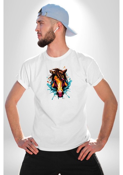 At Kafası Renkli Kadın Erkek Unisex Beyaz Organik Baskılı T-Shirt Penye Yüksek Kalite indirimleri