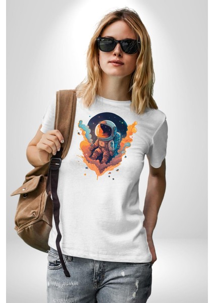 Bulutlar Astronot Uzay Kadın Erkek Unisex Beyaz Organik Baskılı T-Shirt Penye Yüksek Kalite