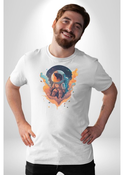 Bulutlar Astronot Uzay Kadın Erkek Unisex Beyaz Organik Baskılı T-Shirt Penye Yüksek Kalite