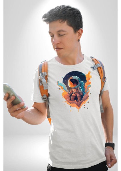 Bulutlar Astronot Uzay Kadın Erkek Unisex Beyaz Organik Baskılı T-Shirt Penye Yüksek Kalite