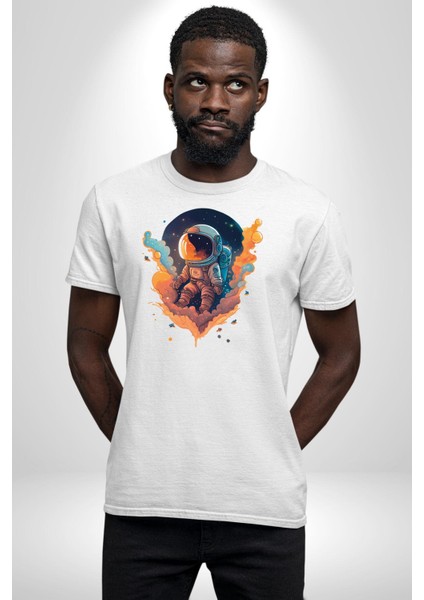 Bulutlar Astronot Uzay Kadın Erkek Unisex Beyaz Organik Baskılı T-Shirt Penye Yüksek Kalite