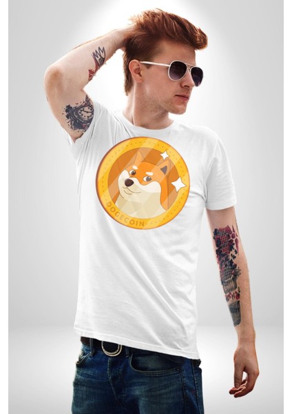 Doge Coin Kadın Erkek Unisex Beyaz Organik Baskılı T-Shirt Penye Yüksek Kalite