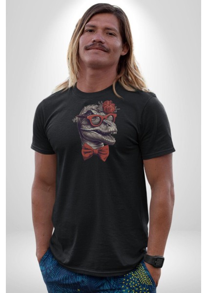 Kırmızı Gözlük Papyon Dinazor Kadın Erkek Unisex Siyah Organik Baskılı T-Shirt Penye Yüksek Kalite fiyatları
