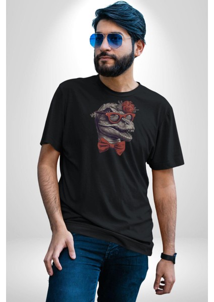 Kırmızı Gözlük Papyon Dinazor Kadın Erkek Unisex Siyah Organik Baskılı T-Shirt Penye Yüksek Kalite modelleri