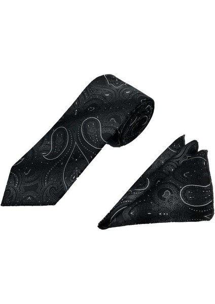 Gri Siyah Geçişli Beyaz Şal Desen Kravat Mendil Set