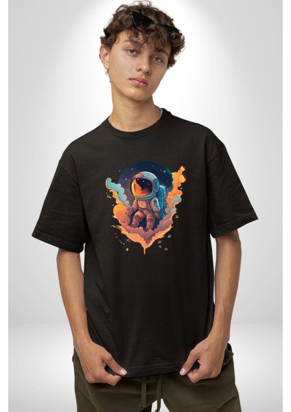 Bulutlar Astronot Uzay Pamuklu Bisiklet Yaka Kadın Erkek Oversize Boyfriend Dijital Baskılı Siyah T-Shirt fiyatları