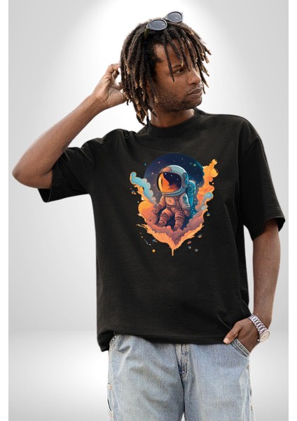 Bulutlar Astronot Uzay Pamuklu Bisiklet Yaka Kadın Erkek Oversize Boyfriend Dijital Baskılı Siyah T-Shirt indirimleri