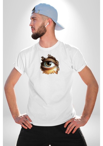 Duvardan Biri Bizi Gözetliyor Kadın Erkek Unisex Beyaz Organik Baskılı T-Shirt Penye Yüksek Kalite