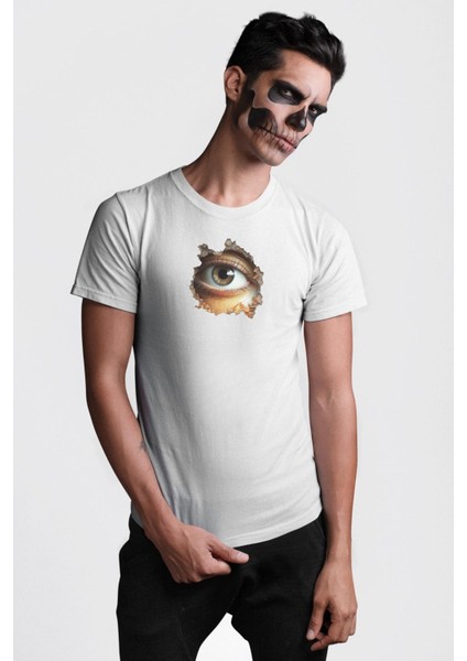 Duvardan Biri Bizi Gözetliyor Kadın Erkek Unisex Beyaz Organik Baskılı T-Shirt Penye Yüksek Kalite modelleri