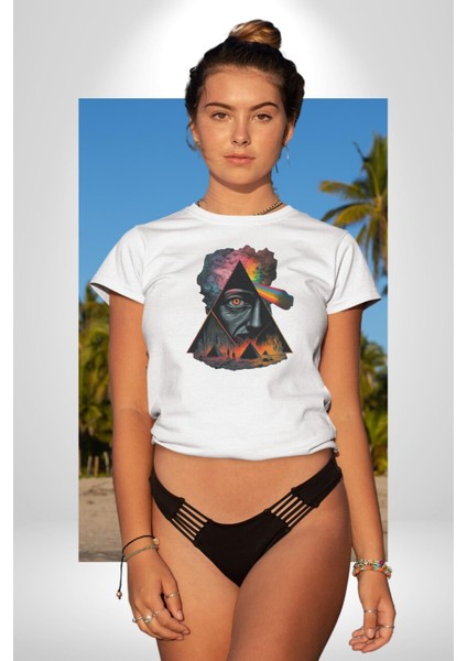 Pink Floyd Göz Piramit Kadın Erkek Unisex Beyaz Organik Baskılı T-Shirt Penye Yüksek Kalite