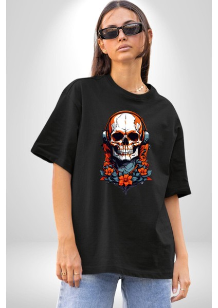 Müzik Kulaklık Takan Kurukafa Kırmızı Gül Pamuklu Bisiklet Yaka Kadın Erkek Oversize Boyfriend Dijital Baskılı Siyah T-Shirt fırsatları