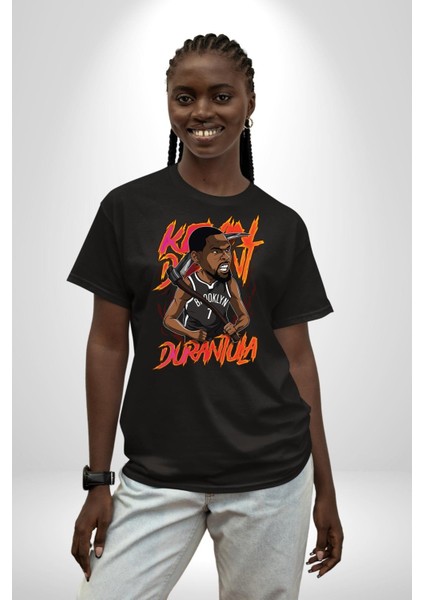 Karikatür Basketbol Durantula Kyrie Irving Brooklyn Nba Star Pamuklu Bisiklet Yaka Kadın Erkek Oversize Boyfriend Dijital Baskılı Siyah T-Shirt