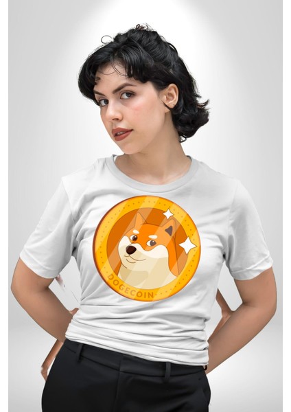 Doge Coin Kadın Erkek Unisex Beyaz Organik Baskılı T-Shirt Penye Yüksek Kalite indirimleri