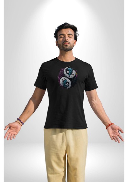 Renkli Yin Ile Yang Kuramı Kadın Erkek Unisex Siyah Organik Baskılı T-Shirt Penye Yüksek Kalite fiyatları