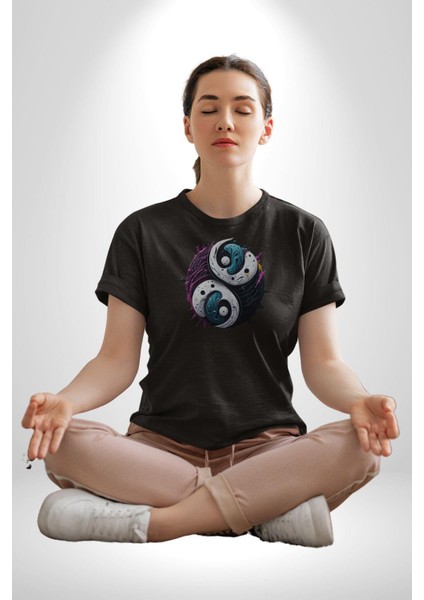Renkli Yin Ile Yang Kuramı Kadın Erkek Unisex Siyah Organik Baskılı T-Shirt Penye Yüksek Kalite modelleri