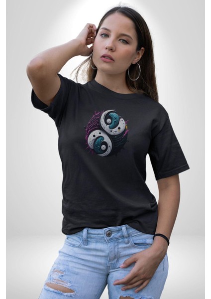 Renkli Yin Ile Yang Kuramı Kadın Erkek Unisex Siyah Organik Baskılı T-Shirt Penye Yüksek Kalite fırsatları