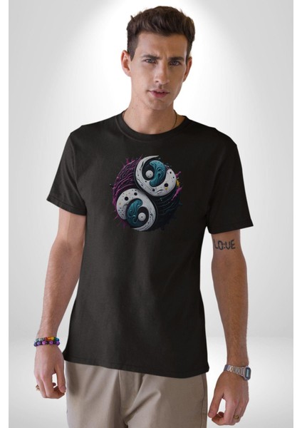 Renkli Yin Ile Yang Kuramı Kadın Erkek Unisex Siyah Organik Baskılı T-Shirt Penye Yüksek Kalite indirimleri