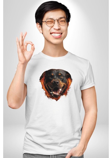 Rottweiler Ateşli Kafası Koca Kafa Kadın Erkek Unisex Beyaz Organik Baskılı T-Shirt Penye Yüksek Kalite