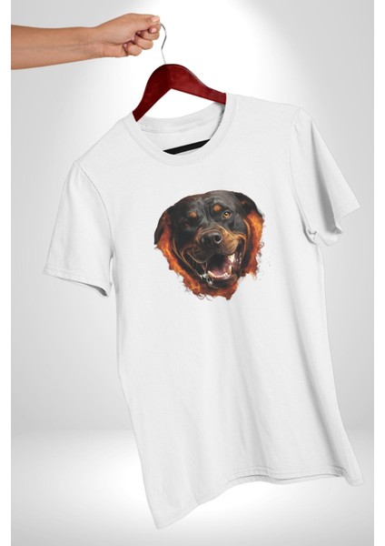 Rottweiler Ateşli Kafası Koca Kafa Kadın Erkek Unisex Beyaz Organik Baskılı T-Shirt Penye Yüksek Kalite modelleri