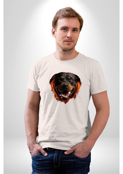 Rottweiler Ateşli Kafası Koca Kafa Kadın Erkek Unisex Beyaz Organik Baskılı T-Shirt Penye Yüksek Kalite indirimleri