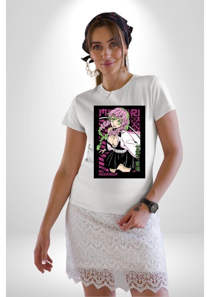 Anime Demon Slayer Kimetsu No Yaiba Mitsuri Kanroji Kadın Erkek Unisex Beyaz Organik Baskılı T-Shirt Penye Yüksek Kalite fiyatları
