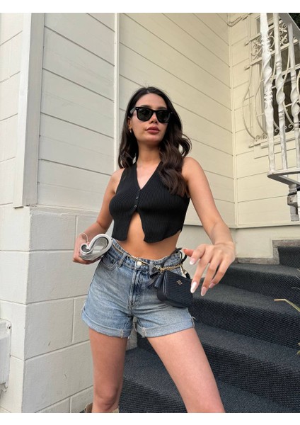 Düğmeli Triko Crop Yelek
