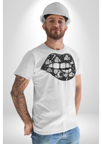 Ay Yıldız Dudak Bulut Dövme Kadın Erkek Unisex Beyaz Organik Baskılı T-Shirt Penye Yüksek Kalite