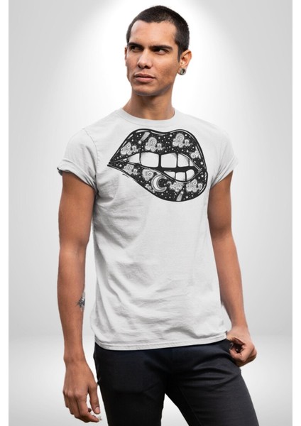Ay Yıldız Dudak Bulut Dövme Kadın Erkek Unisex Beyaz Organik Baskılı T-Shirt Penye Yüksek Kalite fiyatları