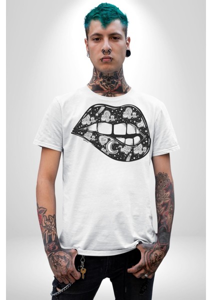 Ay Yıldız Dudak Bulut Dövme Kadın Erkek Unisex Beyaz Organik Baskılı T-Shirt Penye Yüksek Kalite modelleri