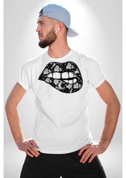 Ay Yıldız Dudak Bulut Dövme Kadın Erkek Unisex Beyaz Organik Baskılı T-Shirt Penye Yüksek Kalite fırsatları