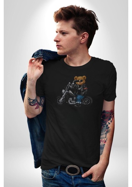 Kask Güneş Gözlüğü Motor Ayı Kadın Erkek Unisex Siyah Organik Baskılı T-Shirt Penye Yüksek Kalite