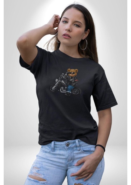 Kask Güneş Gözlüğü Motor Ayı Kadın Erkek Unisex Siyah Organik Baskılı T-Shirt Penye Yüksek Kalite