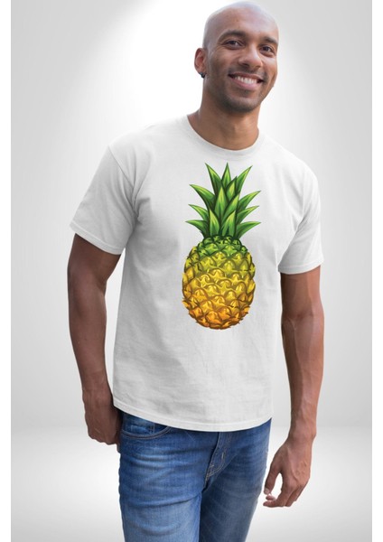 Ananas Meyve Kadın Erkek Unisex Beyaz Organik Baskılı T-Shirt Penye Yüksek Kalite modelleri