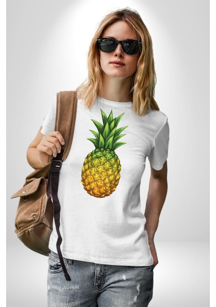 Ananas Meyve Kadın Erkek Unisex Beyaz Organik Baskılı T-Shirt Penye Yüksek Kalite fırsatları