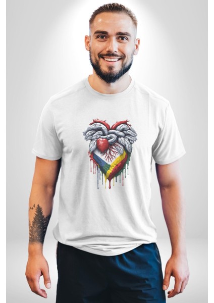 Kalp Damar Renkli Boyalı Kadın Erkek Unisex Beyaz Organik Baskılı T-Shirt Penye Yüksek Kalite