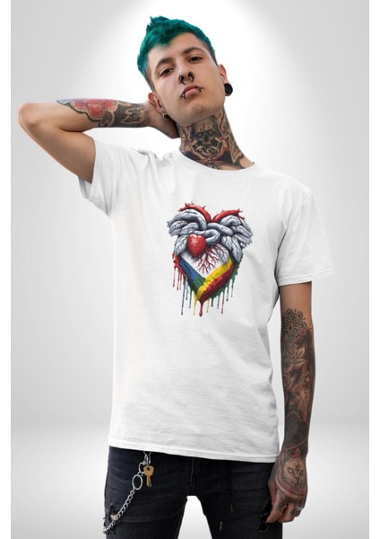 Kalp Damar Renkli Boyalı Kadın Erkek Unisex Beyaz Organik Baskılı T-Shirt Penye Yüksek Kalite