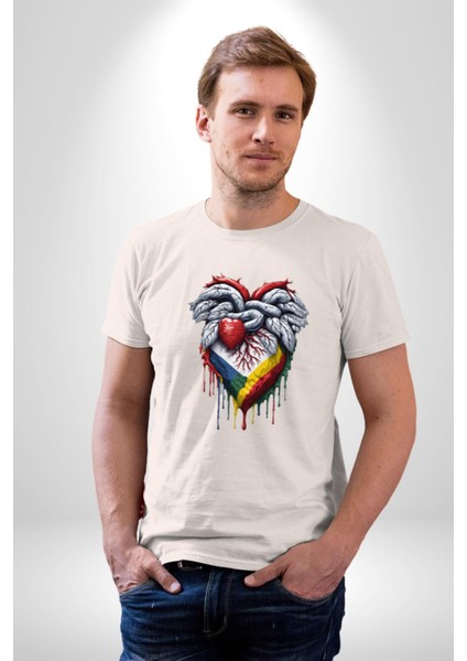 Kalp Damar Renkli Boyalı Kadın Erkek Unisex Beyaz Organik Baskılı T-Shirt Penye Yüksek Kalite