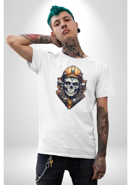 Maden Işcisi Kuru Kafa Kadın Erkek Unisex Beyaz Organik Baskılı T-Shirt Penye Yüksek Kalite