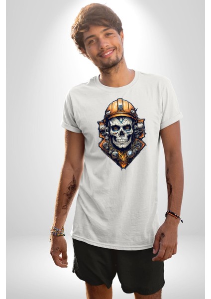 Maden Işcisi Kuru Kafa Kadın Erkek Unisex Beyaz Organik Baskılı T-Shirt Penye Yüksek Kalite modelleri