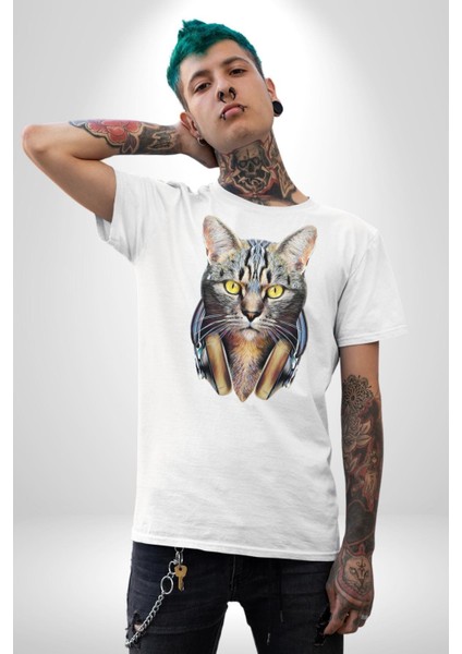 Kulaklık Kedi Kadın Erkek Unisex Beyaz Organik Baskılı T-Shirt Penye Yüksek Kalite