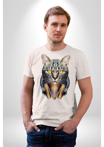Kulaklık Kedi Kadın Erkek Unisex Beyaz Organik Baskılı T-Shirt Penye Yüksek Kalite fiyatları