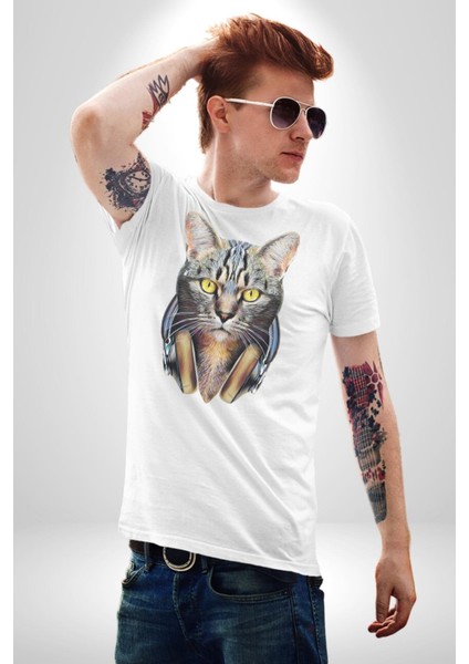 Kulaklık Kedi Kadın Erkek Unisex Beyaz Organik Baskılı T-Shirt Penye Yüksek Kalite fırsatları