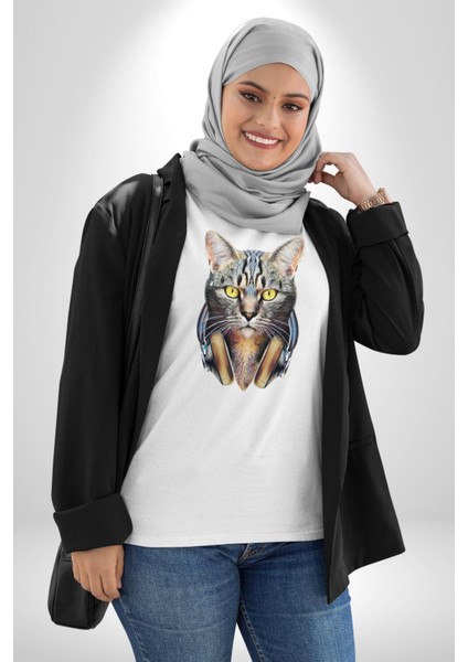 Kulaklık Kedi Kadın Erkek Unisex Beyaz Organik Baskılı T-Shirt Penye Yüksek Kalite indirimleri