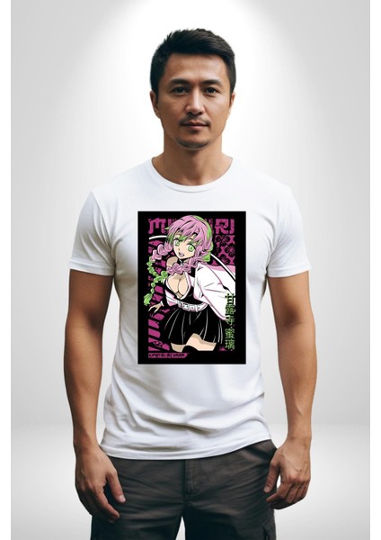 Anime Demon Slayer Kimetsu No Yaiba Mitsuri Kanroji Kadın Erkek Unisex Beyaz Organik Baskılı T-Shirt Penye Yüksek Kalite indirimleri